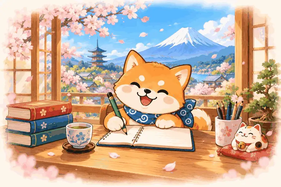 A smiling shiba revises its Japanese, with books and a cup of tea.