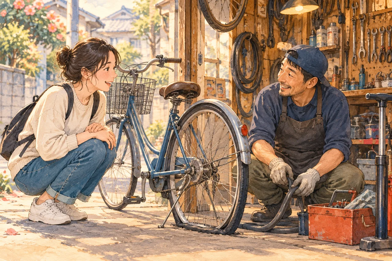 A person brings a bicycle to a deflated tire in a repair shop.