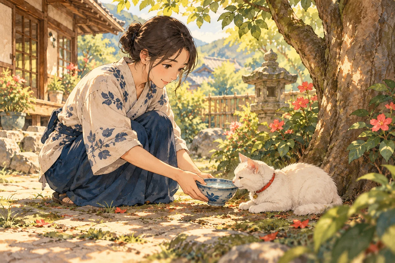 A small white cat with a red collar drinks in a garden.