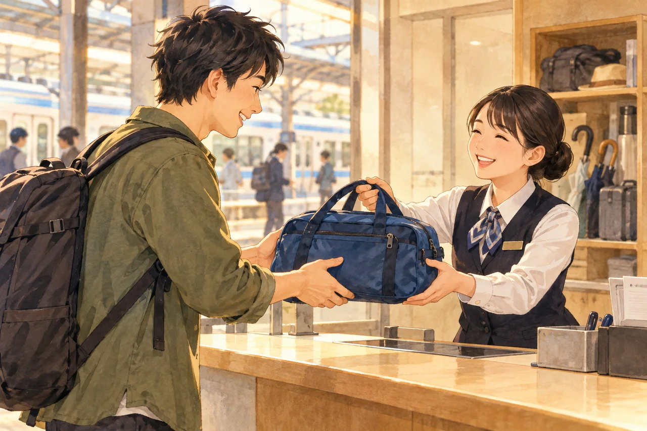 A traveller picks up his blue bag at the ticket office of a railway station.