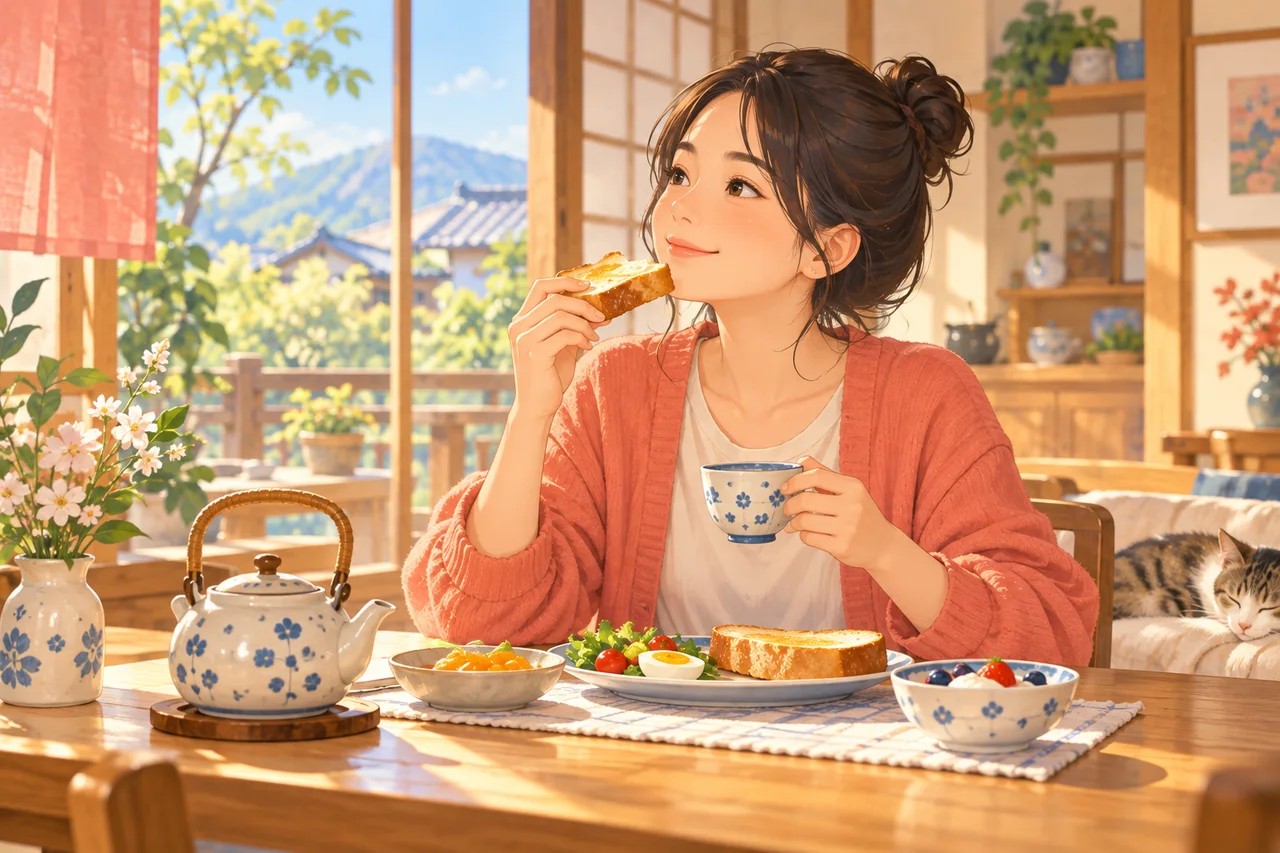 A peaceful breakfast in a Japanese house.