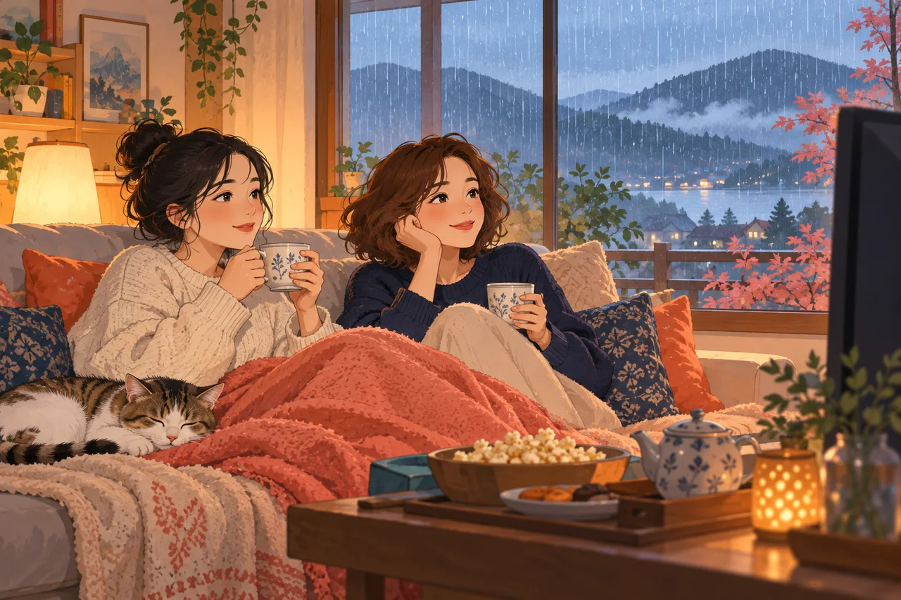 Two friends have tea in front of a movie during the rain.