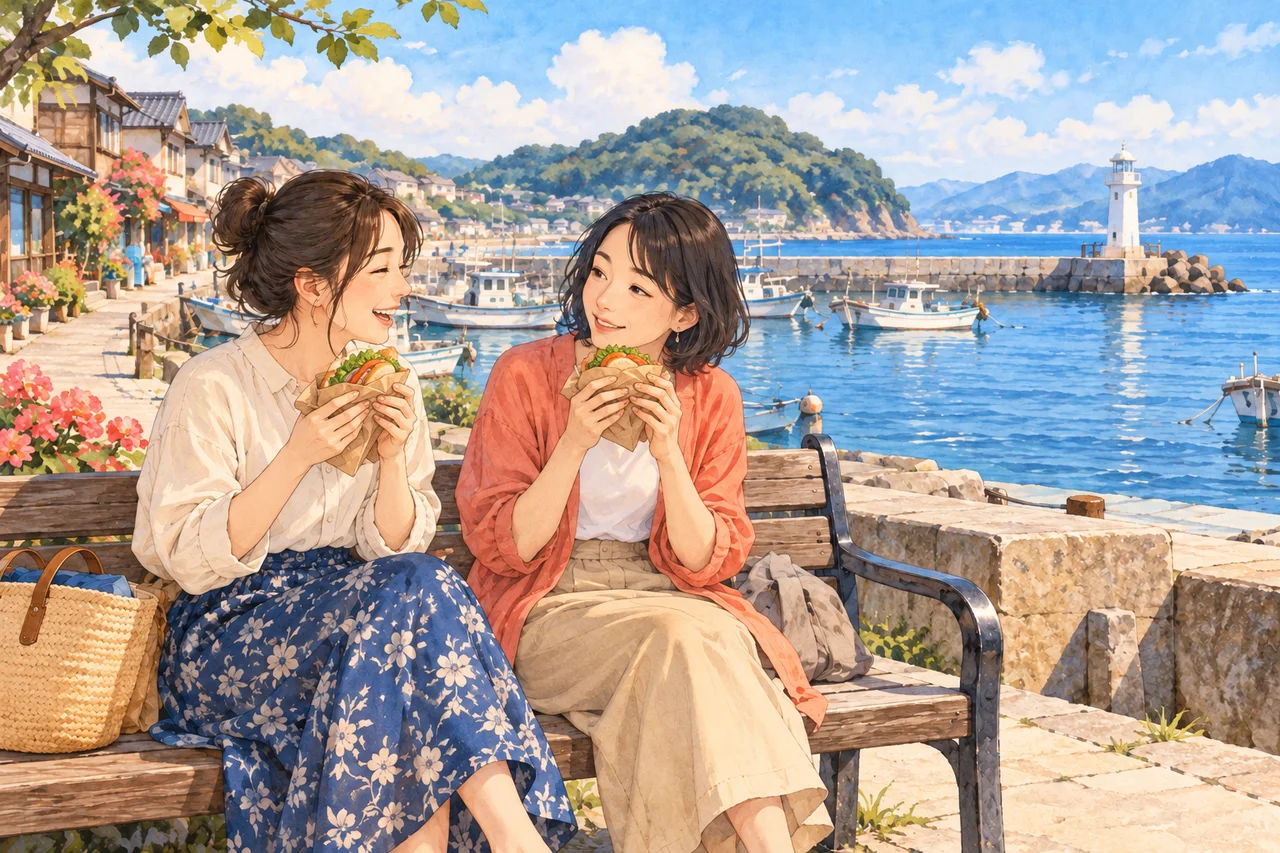 Two friends have lunch on a bench near a port during a seaside excursion.