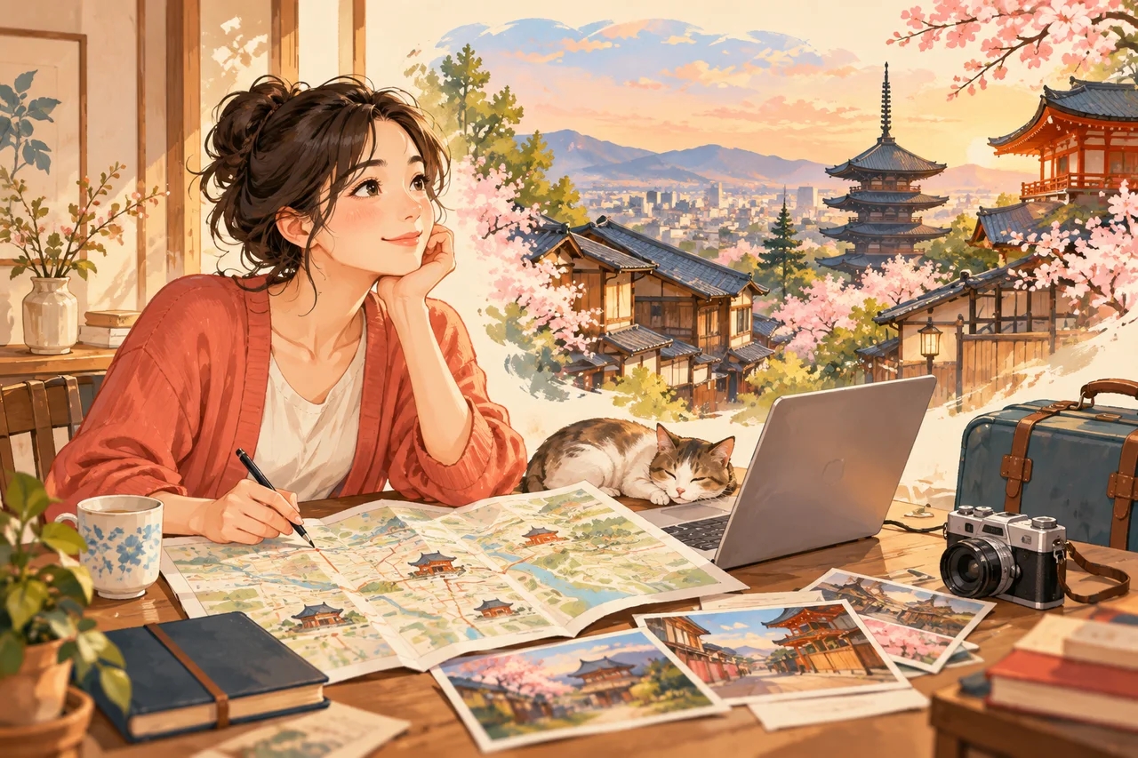 A traveller prepares his stay in Kyoto with a card.